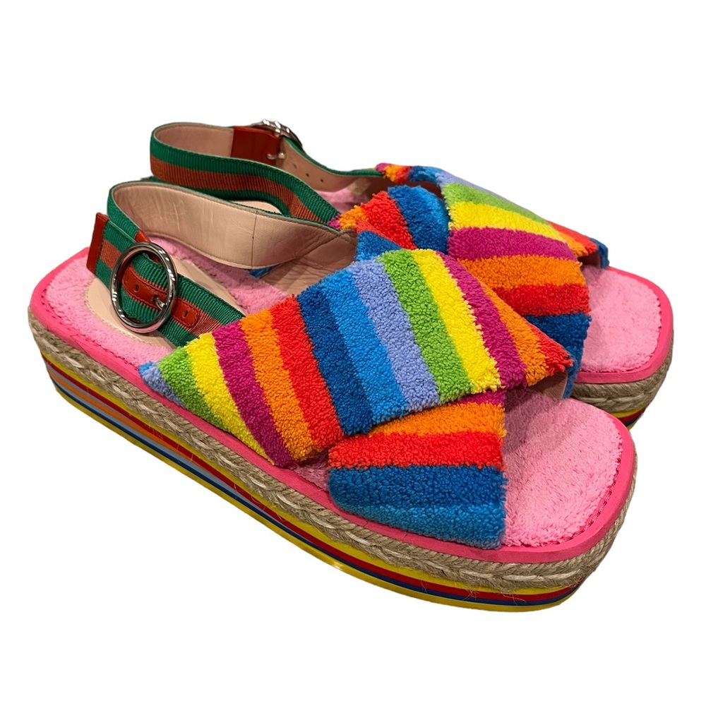 GUCCI Terry Cloth Web Espadrille Platform Slingback Sandals Multicolor